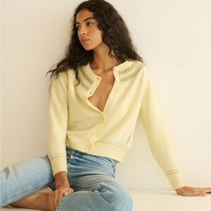 Yellow Embroidered Crewneck Cardigan Sweater